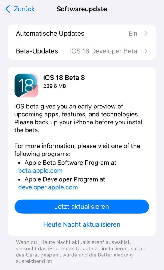 郫县苹果手机维修分享苹果 iOS / iPadOS 18 开发者预览版 Beta 8 发布 